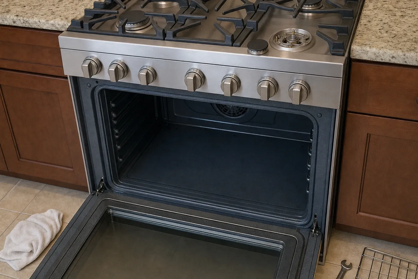 Empty oven cavity with the rack rails and fan cover visible, the door lowered and an oven rack propped alongside