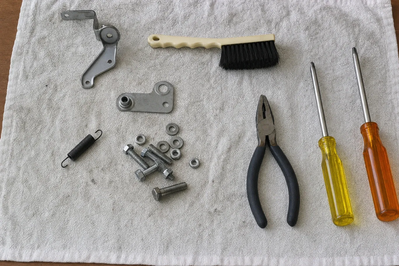 Oven door hinge arm, a tension spring, bolts and nuts laid out on a towel with pliers and two screwdrivers