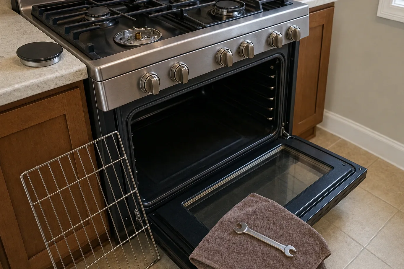 Range with the oven door open, a folded towel and a wrench lying on the door, oven rack propped against the cabinet