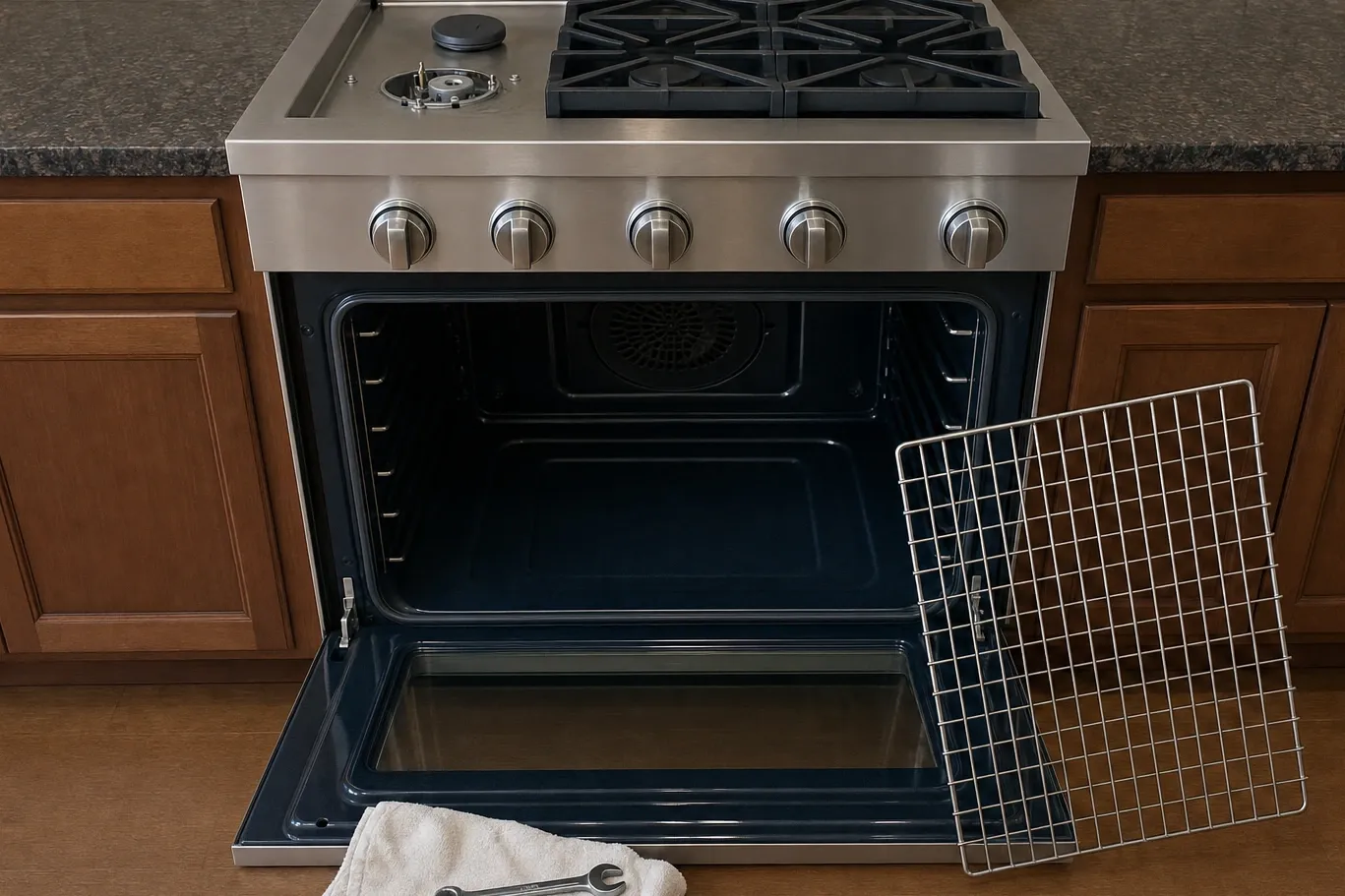 Pro-style stainless range with the oven door fully open, the round convection fan cover visible at the back of the cavity