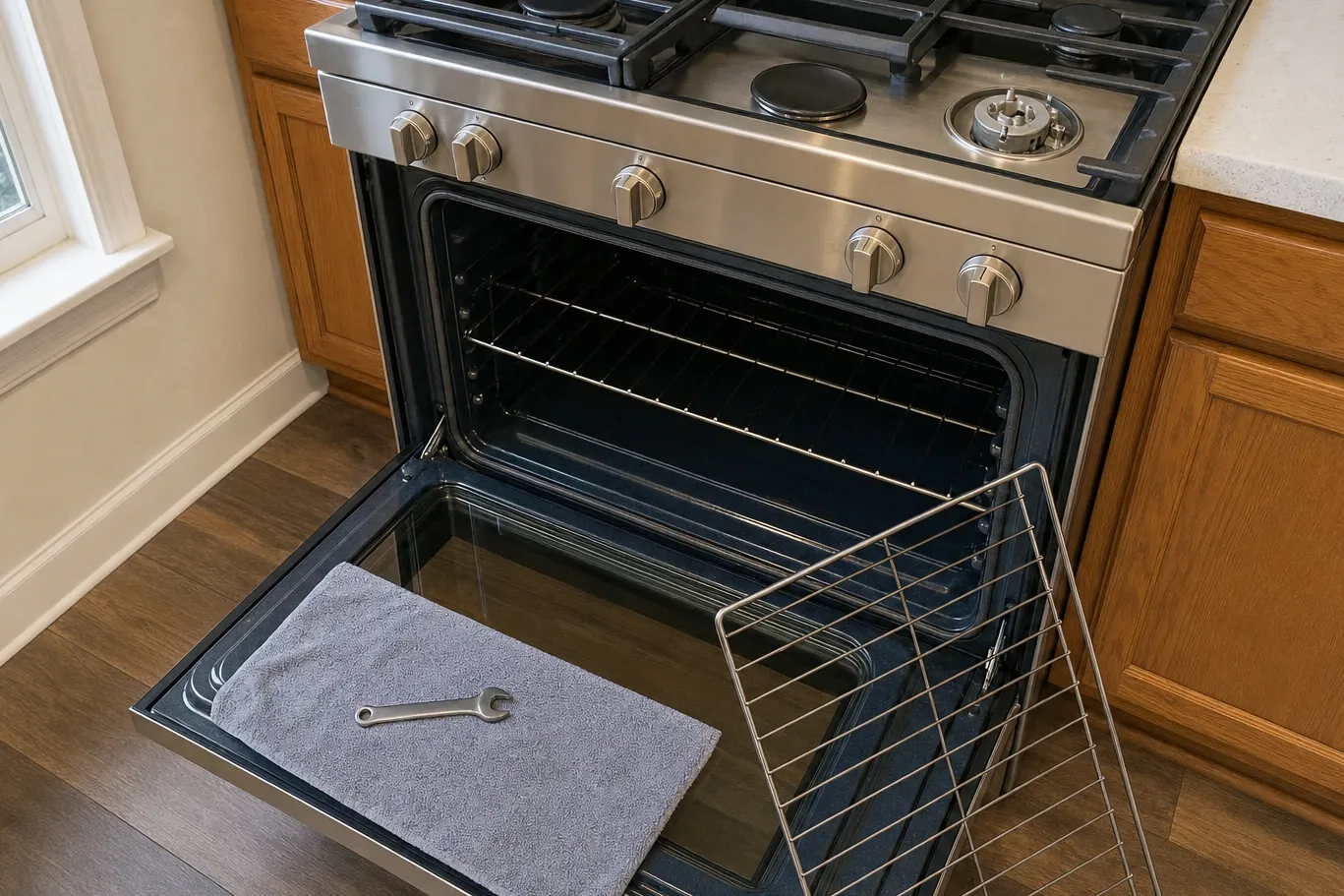 Range beside a kitchen window with the oven door open, one rack still on its rails and another propped against the door